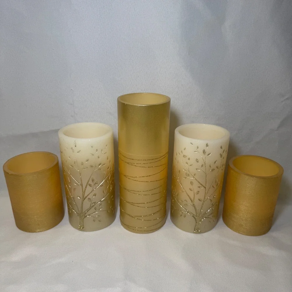 Gold Flameless LED Pillar Candle Set of 5 Glitter Tree & Textured Metallic Decor